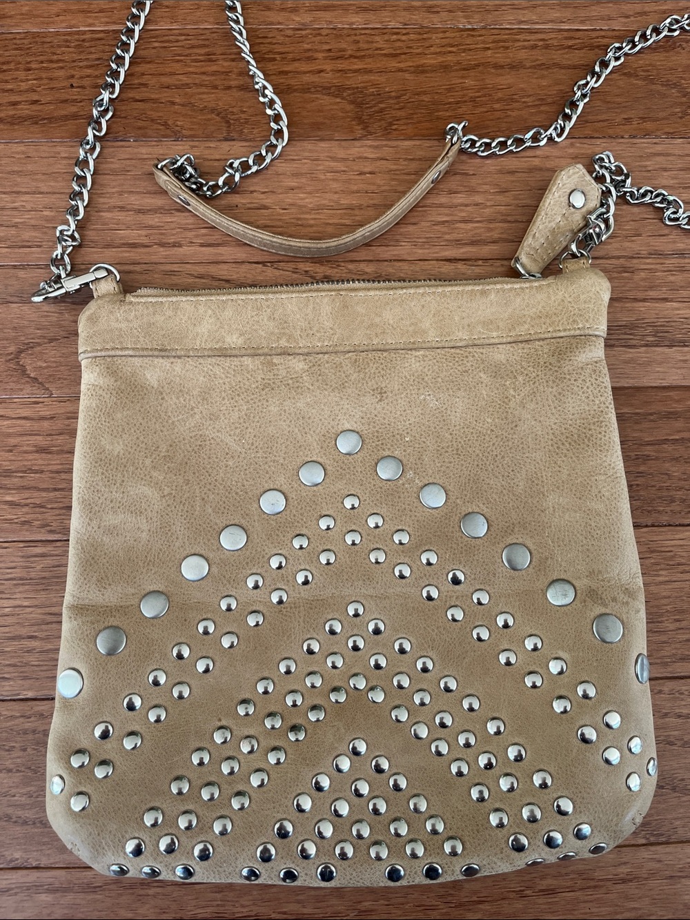 Stud-Accent Beige Suede Crossbody Bag with Chain Strap